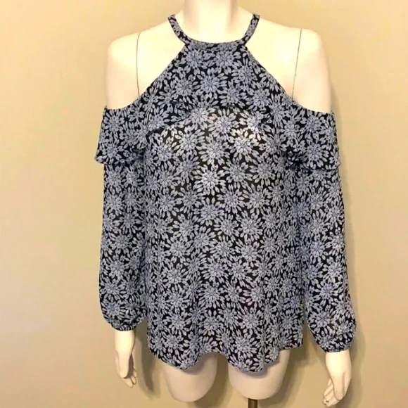 Michael Kors Cold Shoulder Sheer Halter Jewel Print Top SMALL Ruffles - Picture 1 of 11